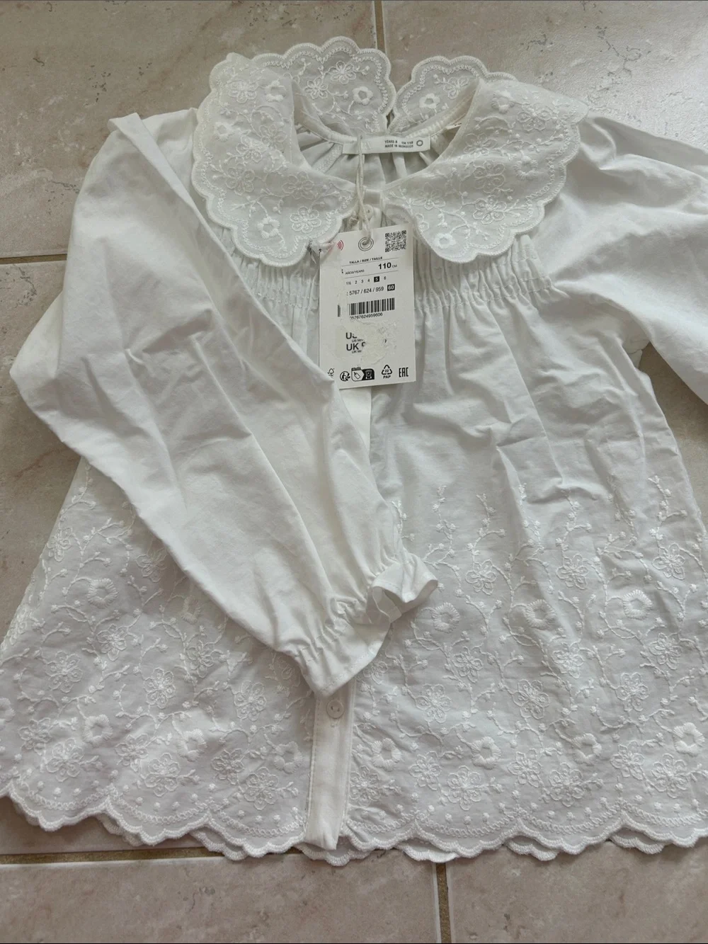 Zara White Embroidered Cotton Peter Pan Collar Blouse